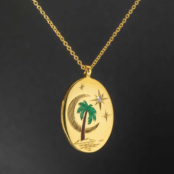 Palm Tree Necklace, Engraved Moon Detail Custom Pendant, Colored Enamel, Summer Necklace, Personalized Gift