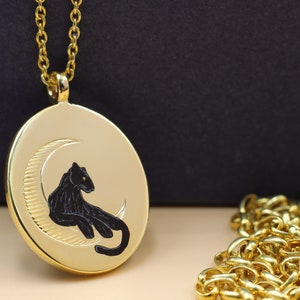 Jaguar Necklace With Engraved Moon Detail, Handmade Enamel Charm, Customizable Precious Jewelry, Unique Gift For Strong Women