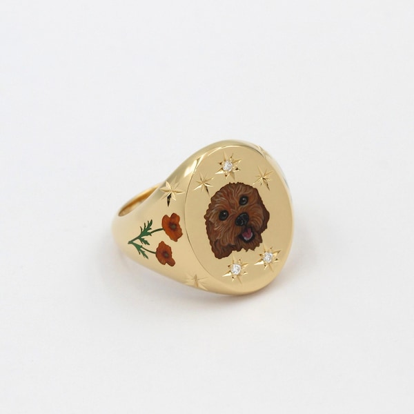 Custom Dog Portrait Ring: Hand-Painted Enamel, Gold Pet Memorial