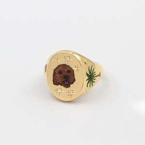 Custom Dog Portrait Ring in Gold, Hand Painted Enamel Signet Ring with Stars & Floral Details, Personalized Pet Jewelry Gift