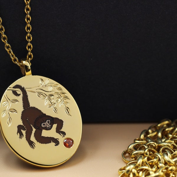 Hand Painted Animal Necklace, Cute Monkey Enamel, Fashion Engraved Sterling Silver Necklace for Women