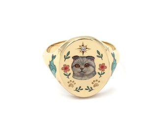 Custom Cat Portrait Ring, Pet Enamel Jewelry, Pet Loss, Pet Keepsake Gift, Personalized Gift For Pet Lover