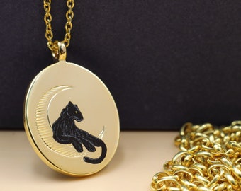 Jaguar Necklace With Engraved Moon Detail, Handmade Enamel Charm, Customizable Precious Jewelry, Unique Gift For Strong Women