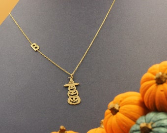 Triple Pumpkin Necklace With Letter , Most Popular Friendship Necklace For Halloween, Dainty Gold Necklace, Cute Charm, Halloween Gift