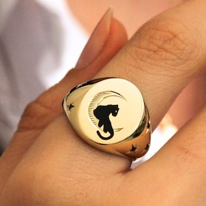 Personalized Jaguar Photo Ring, Engraved Moon Ring, Animal Enamel Ring, Hand Enameled Jewelry