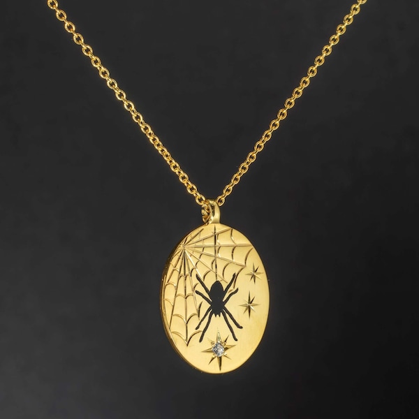 Black Enamel Spider Necklace, Hand-Carved Spider Web,  Elegant Gift For Animal Lovers, Christmas