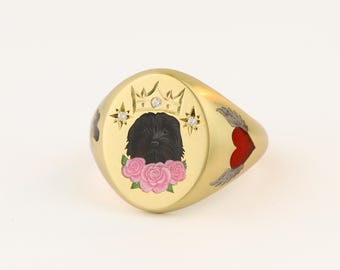 Custom Dog Portrait Ring, Enamel Signet Ring Gold, Personalized Pet Memorial Jewelry, Hand Painted Pet Ring, Pet Tribute