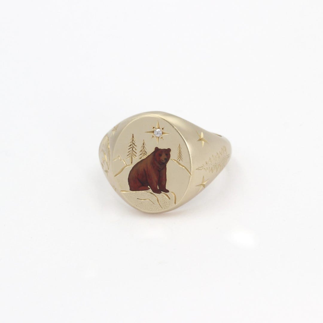 Custom Enamel Bear Signet Ring: Hand-engraved Forest Landscape - Etsy