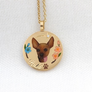 Custom Dog Enamel Necklace, Hand Painted Pet Memorial Jewelry With Flowers, Personalized Gold Pet Pendant With Name And Paw