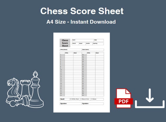 Printable A4 Chess Score Sheet High Resolution PDF. (Instant Download) 