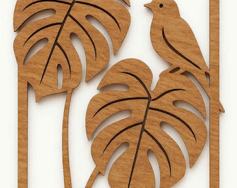 Filodendron met vogel lasergesneden sjabloon svg, dxf, AI-bestanden