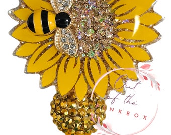 Portatarjetas retráctil con diseño de girasol y abeja / Soporte para credencial de enfermera / Clip retráctil para identificación / Portatarjetas amarillo / Credencial de primavera/verano / Regalo para enfermera