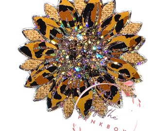 Carrete de insignia de arpillera con diseño de leopardo y girasol: pinza de cocodrilo acrílica
