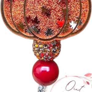 Pumpkin Shaker Badge Reel: Floating Leaves, Acrylic Alligator Clip