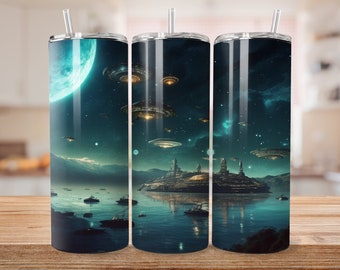 May include: A stainless steel tumbler with a colorful image of a futuristic city with flying saucers in the sky. The city is reflected in the water below.