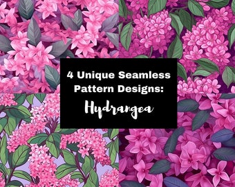 seamless, patrón, 4, seamless, patrones, alta resolución, digital, descarga, acuarela, vibrante, colorido, hortensia, rosa