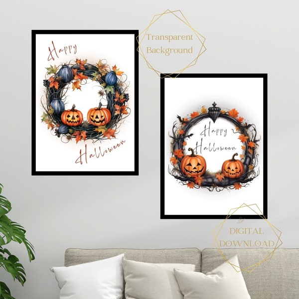 Happy Halloween Wreath Wall Art, Autumn, Printable, Digital Download, Transparent background