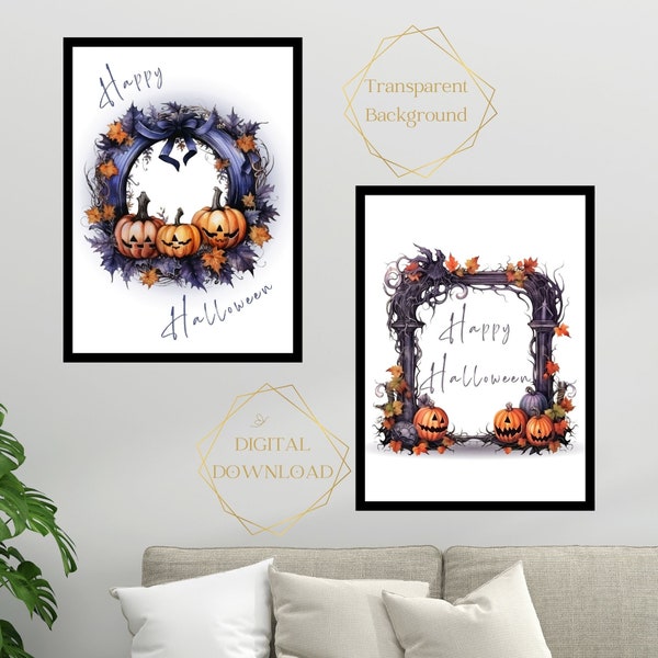 Happy Halloween Wreath Wall Art, Autumn, Printable, Digital Download, Transparent background