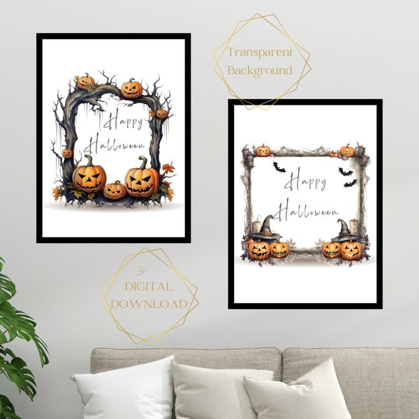 Happy Halloween Wreath Wall Art, Autumn, Printable, Digital Download, Transparent background