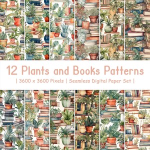 May include: Twelve seamless digital paper patterns featuring watercolor illustrations of plants and books. Each pattern is 3600 x 3600 pixels and features a variety of green plants, books, and terracotta pots.