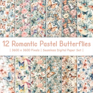 12 Romantic Pastel Butterflies | Watercolor Flower Patterns | Spring Floral Digital Paper | Instant Digital Download | Floral Prints
