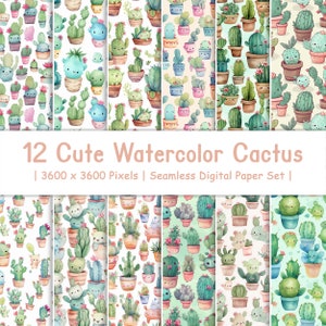 12 Cute Watercolor Cactus / Disegni e modelli senza soluzione di continuità / Uso in album di ritagli / Cactus Digital Paper / Acquerello Succulent Print