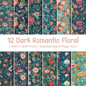 12 Dark Romantische Blumen | Blumendrucke | Scrapbook Papier | Frühling Digitales Papier | Vintage Blumen | Blumen Digitales Papier |