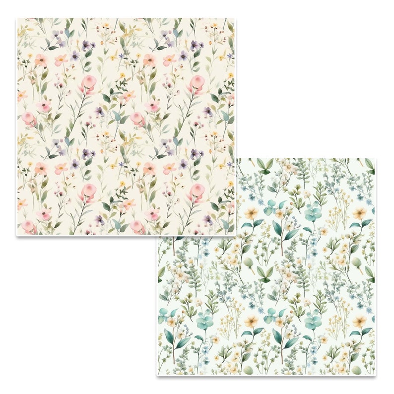 May include: Two seamless patterns featuring watercolor floral designs. The first pattern has a light background with pink and purple flowers. The second pattern has a white background with blue and yellow flowers.