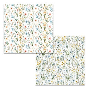 May include: Two seamless patterns featuring watercolor illustrations of delicate wildflowers in shades of blue, yellow, orange, and pink on a white background.