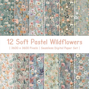12 fiori di campo pastello morbidi / modelli senza cuciture / carta digitale primaverile / carta scrapbook / sfondi di fiori ad acquerello / download istantaneo