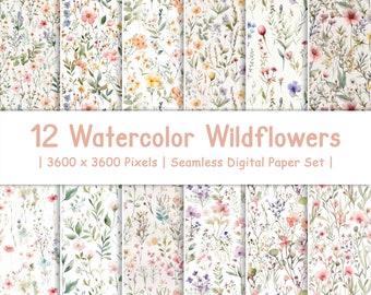 Op de afbeelding: Een set van 12 digitale papierontwerpen met aquarel wilde bloemen in verschillende tinten roze, geel, blauw en groen op een witte achtergrond. Elk ontwerp is 3600 x 3600 pixels en naadloos.
