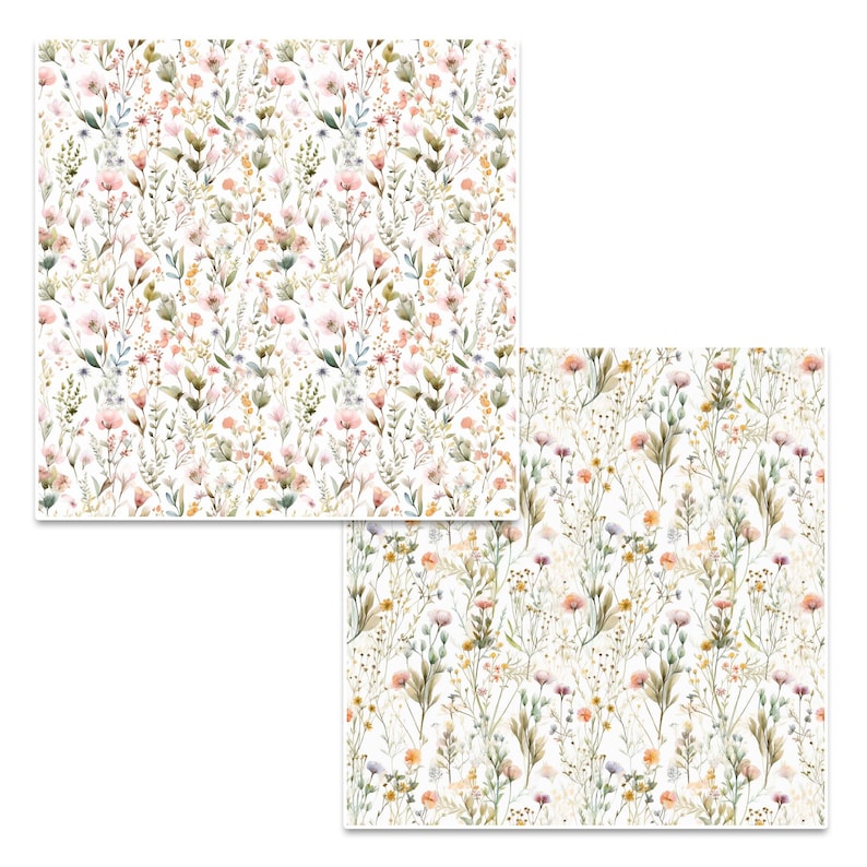 May include: Two seamless patterns featuring watercolor illustrations of delicate wildflowers and grasses in shades of pink, yellow, green, and blue on a white background.