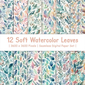 12 Soft Watercolor Leaves | Watercolor Floral Patterns | Scrapbook Paper | Seamless Patterns | Printable Paper Set | Digital Download
