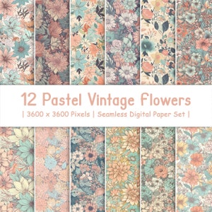12 Pastel Vintage Flowers | Scrapbook Paper | Spring Digital Paper | Flowers Digital Paper | Instant Download | Floral Pattern