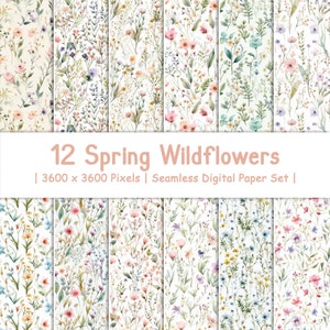12 flores silvestres de primavera sin costuras / fondos de flores de acuarela / papel digital floral de primavera / conjunto de papel imprimible / papel de Scrapbook Boho
