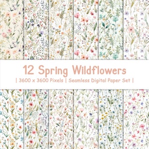 12 Seamless Spring Wildflowers | Watercolor Flower Backgrounds | Spring Floral Digital Paper | Printable Paper Set | Boho Scrapbook Paper