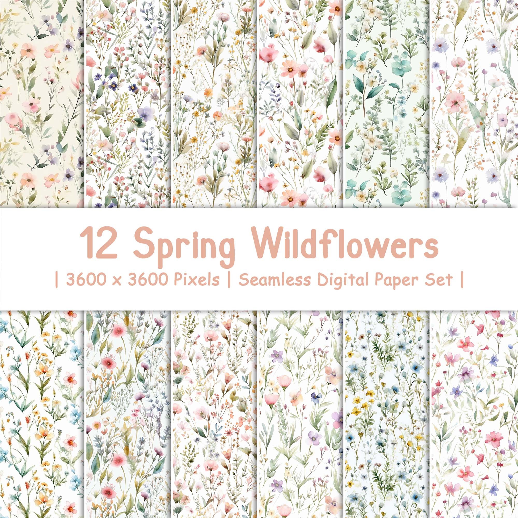 12 Seamless Spring Wildflowers Watercolor Flower Backgrounds - Etsy