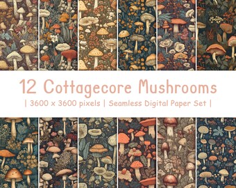 Cottagecore Mushroom Digital Paper | Watercolor Floral Patterns (Instant Download)