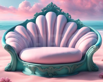 Meerjungfrau-Digital-Hintergrund | Fantasy Princess Seashell Throne Hintergrund für zusammengesetzte Fotografie, perfekt für Familienfotos und Porträts