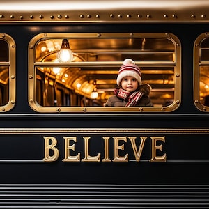May include: A child wearing a white and red striped hat and a red and white striped scarf looks out of the window of a vintage train carriage. The train carriage is painted black with gold accents and the word "BELIEVE" is written in gold letters on the side.