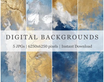 Blue Gold Digital Paper Backgrounds Textured Backdrop Junk Journal Scrapbook Craft Resource Printable Pages