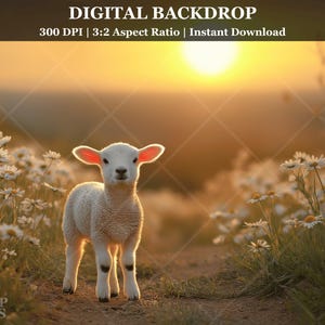 May include: A white lamb stands in a field of white daisies with a golden sunset in the background.