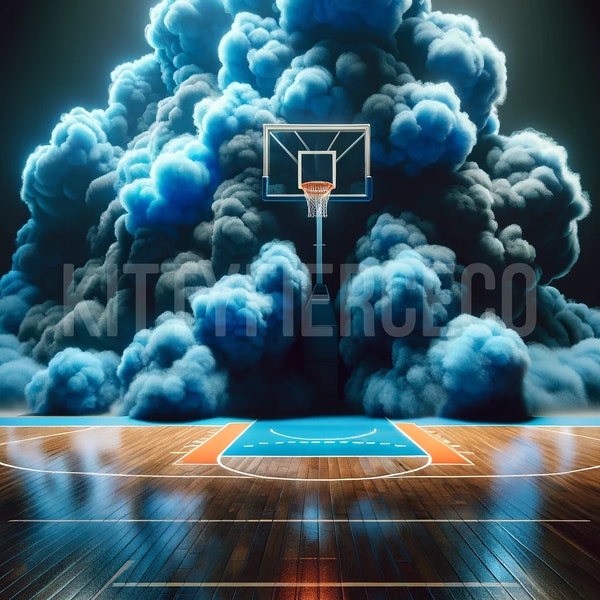 Basketball Digital Backdrop | Sports Court Portrait Poster Backdrop with Blue Smoke for Composite Photography, Photoshop Backdrop Overlays