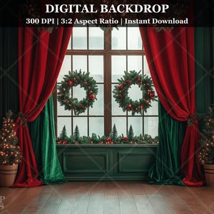 Christmas Window Digital Backdrop Festive Holiday Portrait Photography Background Studio Prop