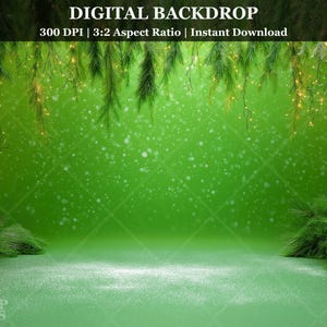 May include: A digital backdrop with a vibrant green background, adorned with falling snow and festive pine branches. The image includes text that reads "DIGITAL BACKDROP" and "300 DPI | 3:2 Aspect Ratio | Instant Download".