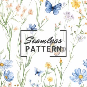 Può includere: Uno schema senza cuciture con illustrazioni ad acquerello di fiori blu e gialli, foglie verdi e farfalle su uno sfondo bianco. Il testo "Seamless Pattern" è al centro dell'immagine.