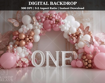 May include: A digital backdrop featuring a pink, white, and gold balloon arch with butterfly accents. The word "ONE" is displayed in large white letters. The backdrop is designed for photography and includes the text "DIGITAL BACKDROP".
