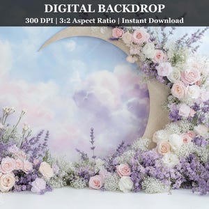May include: A digital backdrop featuring a crescent moon with a soft, pastel sky background. The moon is surrounded by a floral arrangement of white and pink roses, lavender, and baby's breath.