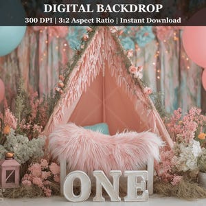 Boho Teepee ONE Birthday Digital Backdrop Pink Balloon Floral Cake Smash Photography Background Baby Girl Studio Prop