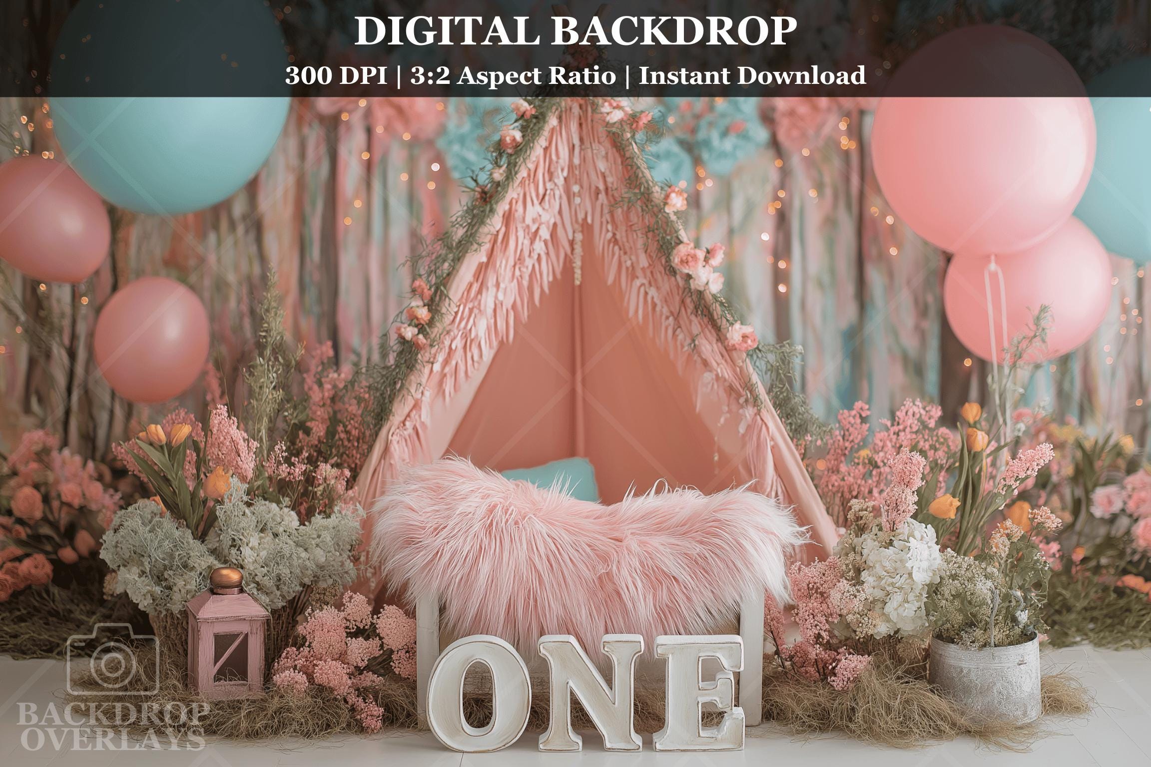 Boho Teepee ONE Birthday Digital Backdrop Pink Balloon Floral Cake